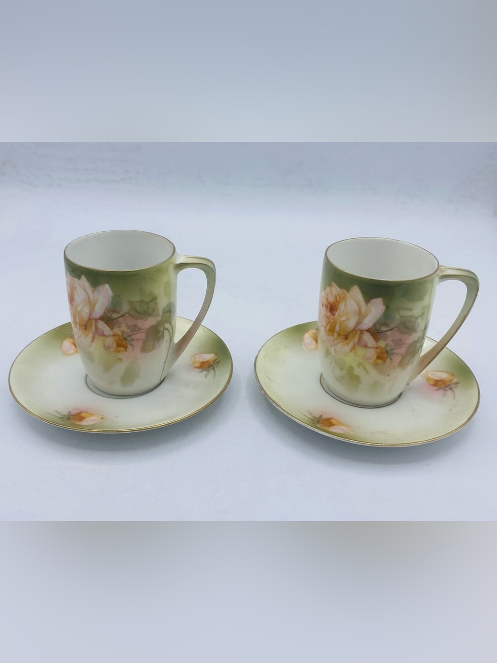 Antique R&S Germany Hand Painted Pink Rose Porcelain Demitasse Cup & Saucer